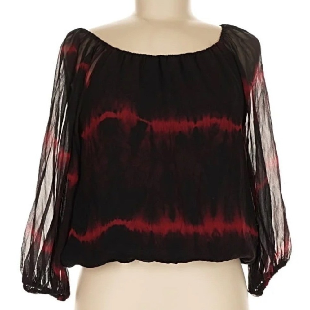 Alice + Olivia Women 100% Silk Tie Dye Sheer Off Shoulder 3/4 Sleeve Blouse‎ Top